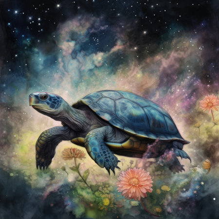Turtle in the starry sky with flowers. Digital painting.の素材