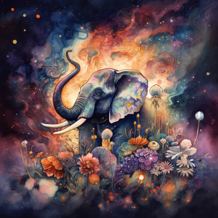 Elephant in the meadow with flowers. Colorful fantasy illustrationの素材