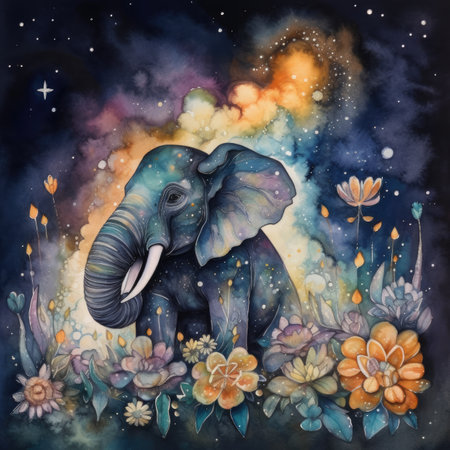 Elephant with flowers in the night sky. Watercolor illustration.の素材