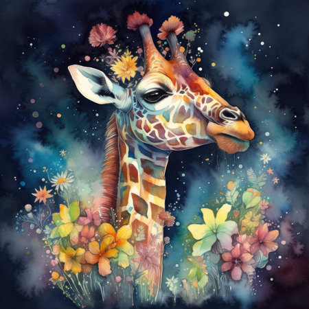 Giraffe with colorful flowers on a dark background. Watercolor illustrationの素材