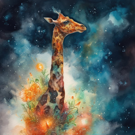 Giraffe and flowers in the night sky. Watercolor painting.の素材