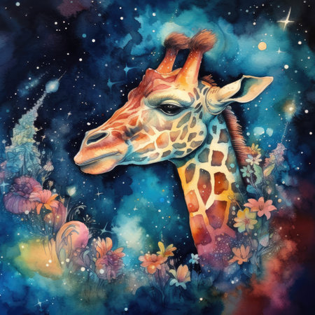 Giraffe with flowers in the jungle. Colorful painting.の素材