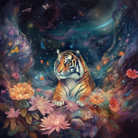 Siberian tiger in the cosmic space. Watercolor painting.の素材