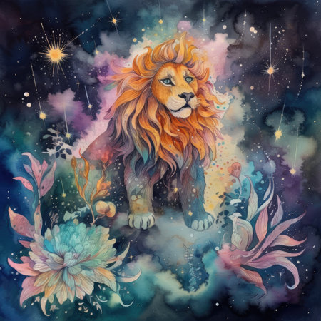 Watercolor lion with flowers on a cosmic background. Hand drawn illustrationの素材