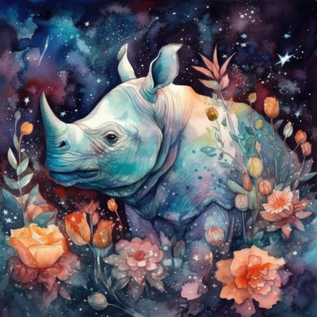 Watercolor illustration of a rhinoceros with flowers and stars.の素材