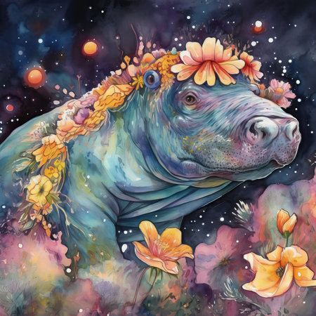 Hippopotamus with flowers. Watercolor illustration. Hippopotamus with flowers.の素材