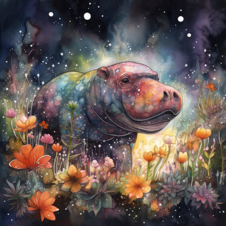 Hippopotamus in the magic forest. Watercolor illustration.の素材