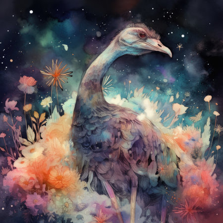 Digital painting of an ostrich in the field with flowers and butterflies.の素材