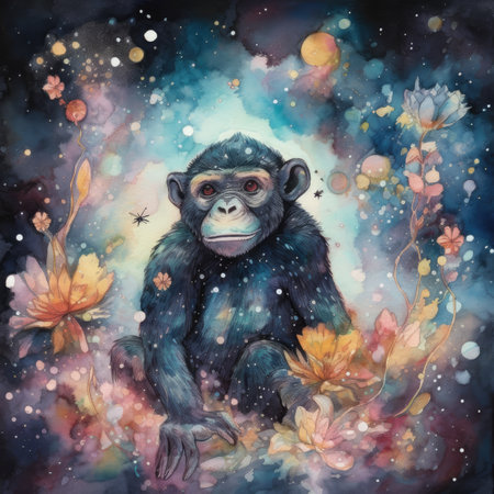 Chimpanzee sitting on a background of flowers. Watercolor illustration.の素材