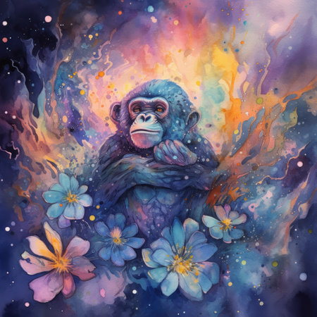 Chimpanzee with flowers on cosmic background. Watercolor paintingの素材
