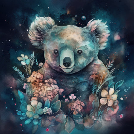 Watercolor illustration of a cute koala with flowers and butterflies.の素材