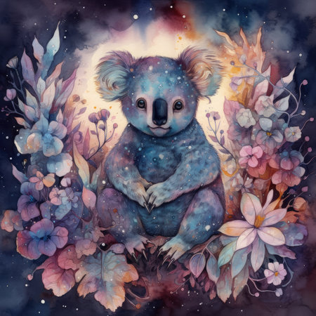 Watercolor illustration of a cute koala in a floral frame.の素材