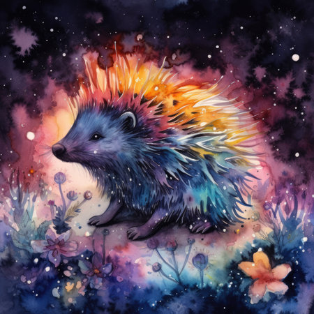Hedgehog on the background of a starry sky. Watercolor illustration.の素材