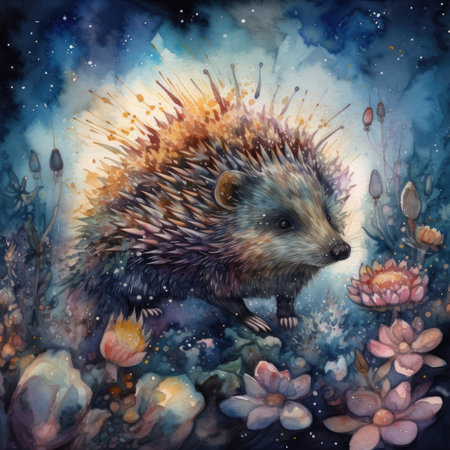 Hedgehog on the background of flowers. Digital art painting.の素材