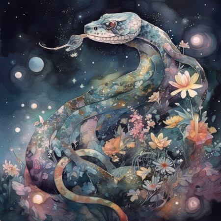 Watercolor illustration of a snake on a dark background with flowers.の素材