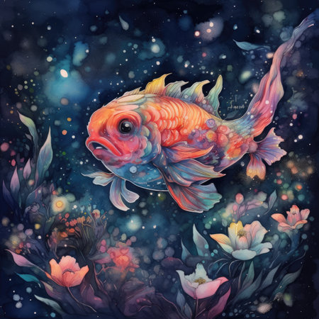 Watercolor illustration of a goldfish on a dark background with flowers.の素材