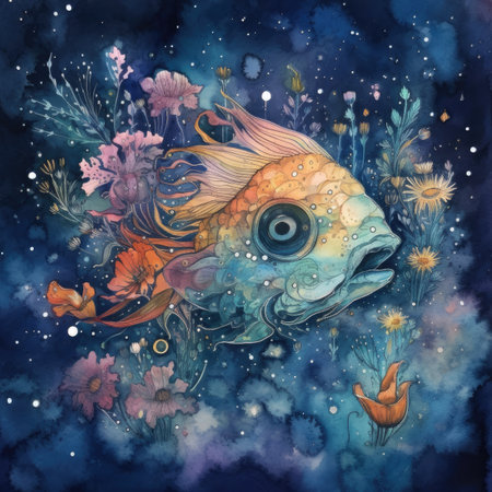 Hand drawn watercolor illustration of a goldfish with floral ornament.の素材