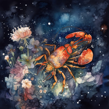 Watercolor illustration of a crab on a background of flowers and stars.の素材