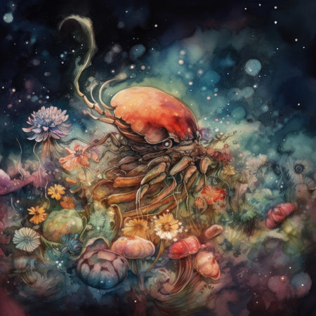 Hand drawn watercolor illustration of a jellyfish in the universe.の素材