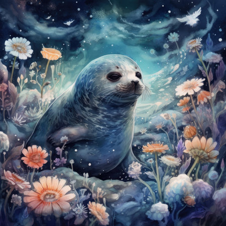 Watercolor painting of a cute seal sitting on a flower meadowの素材