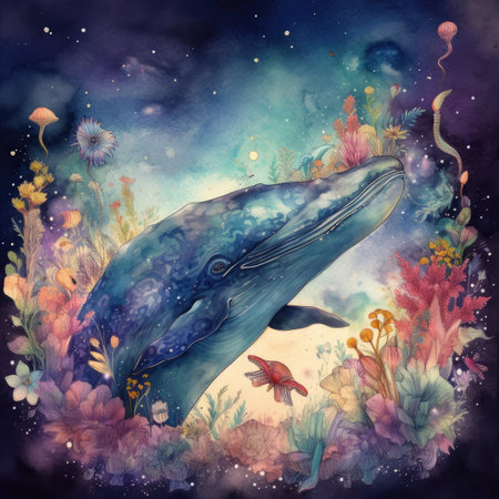 Watercolor illustration of a whale in the sea. Underwater world.の素材
