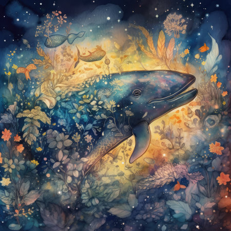 Watercolor whale in the forest. Hand drawn illustration for your designの素材