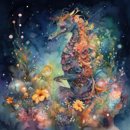 Watercolor illustration of a seahorse with flowers on a dark background.の素材