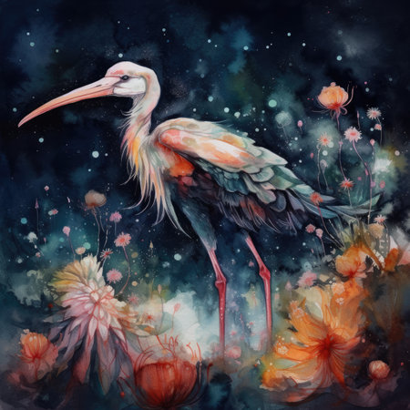 Watercolor painting of a stork and flowers on a dark background.の素材