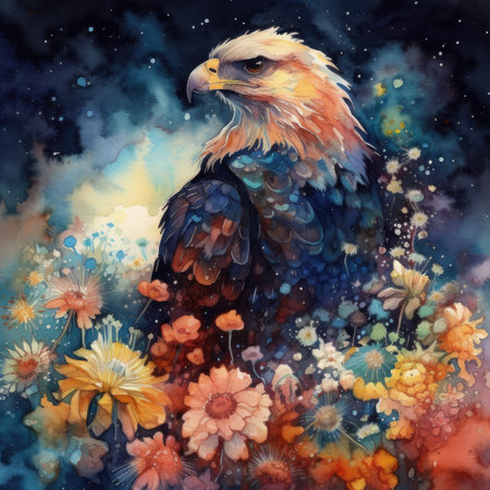 Watercolor painting of a bald eagle on a background of flowers.の素材