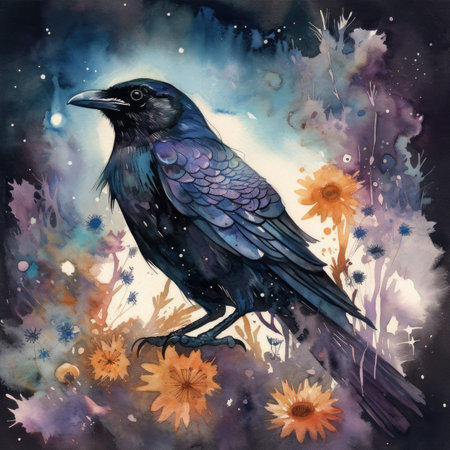 Watercolor painting of a crow on a background of flowers. Hand-drawn illustration.の素材