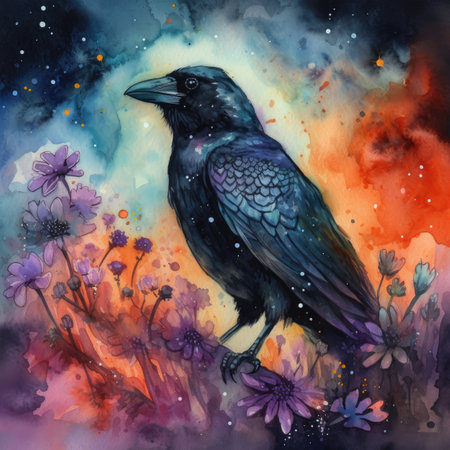 Hand drawn watercolor illustration of a raven on a background of flowers.の素材