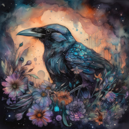 Hand drawn watercolor illustration of a raven on a background of a night sky with flowers.の素材