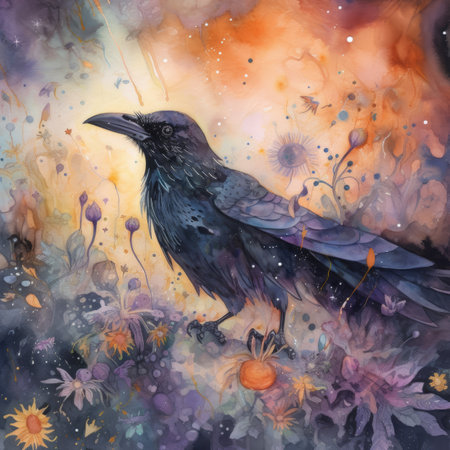 Watercolor painting of a crow on a background of flowers. Hand-drawn illustration.の素材