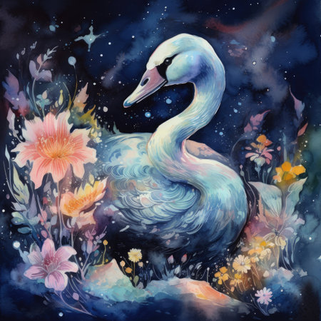 Swan with flowers. Watercolor illustration on a dark background.の素材