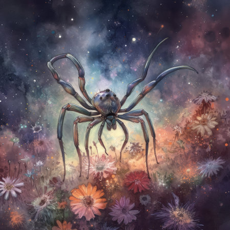 Digital painting of a spider in the night sky with flowers and starsの素材