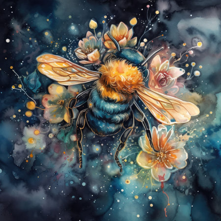 Hand drawn watercolor illustration of a bee with flowers on a dark background.の素材