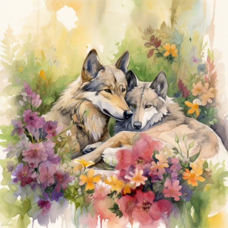 Watercolor illustration of a wolf and a dog on a background of flowersの素材