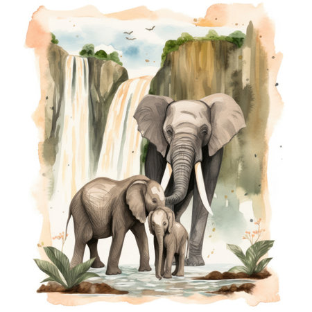 Watercolor illustration of an elephant family on the background of a waterfallの素材