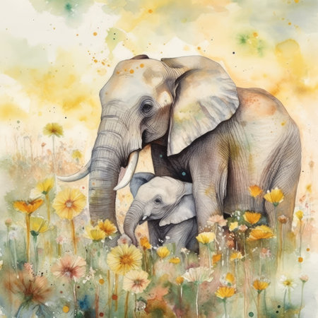 Watercolor painting of an elephant with her baby in the meadowの素材