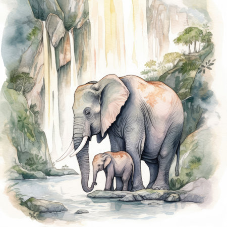 Watercolor illustration of an elephant with a baby in the forest.の素材