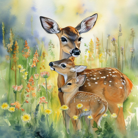 Watercolor painting of a pair of fawns in the meadowの素材
