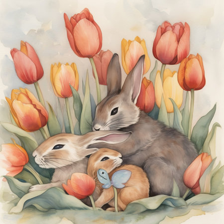 Easter greeting card with rabbits and tulips. Watercolor illustration.の素材