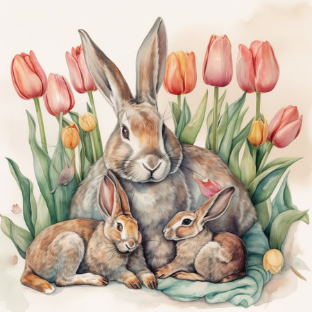 Rabbits and tulips. Watercolor illustration for your designの素材