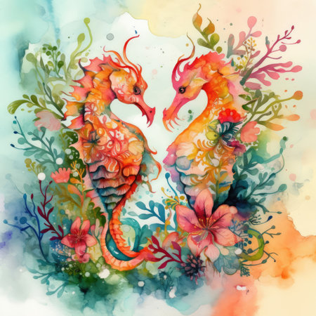 Watercolor illustration of two seahorses and flowers on watercolor backgroundの素材