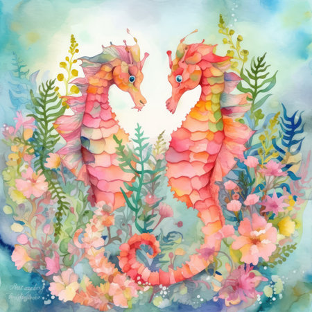 Watercolor seahorses with flowers and leaves on watercolor backgroundの素材
