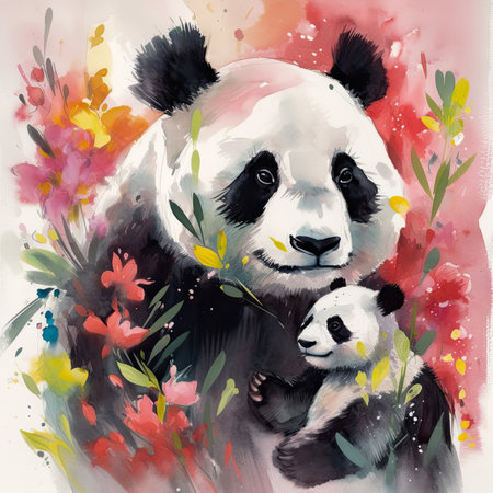 Panda mother with her baby. Watercolor painting. Vector illustration.の素材