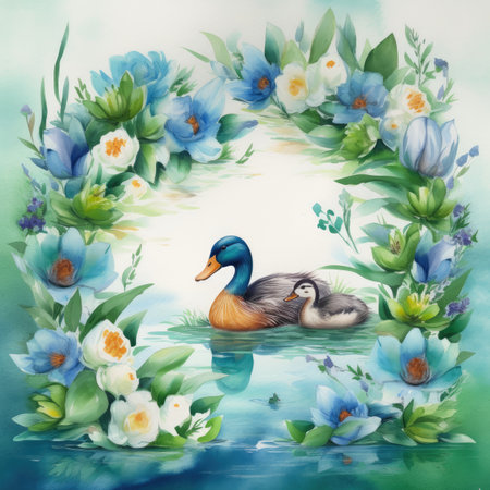 Watercolor illustration of a pair of ducks swimming in a pond with flowersの素材
