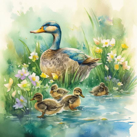 Watercolor illustration of duck with ducklings on the background of spring flowersの素材