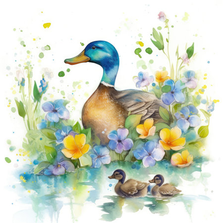 Watercolor illustration of a duck with a ducklings and flowers.の素材