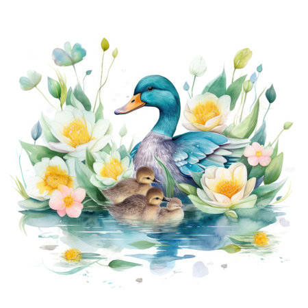 Watercolor illustration of a duck with a duckling on the waterの素材